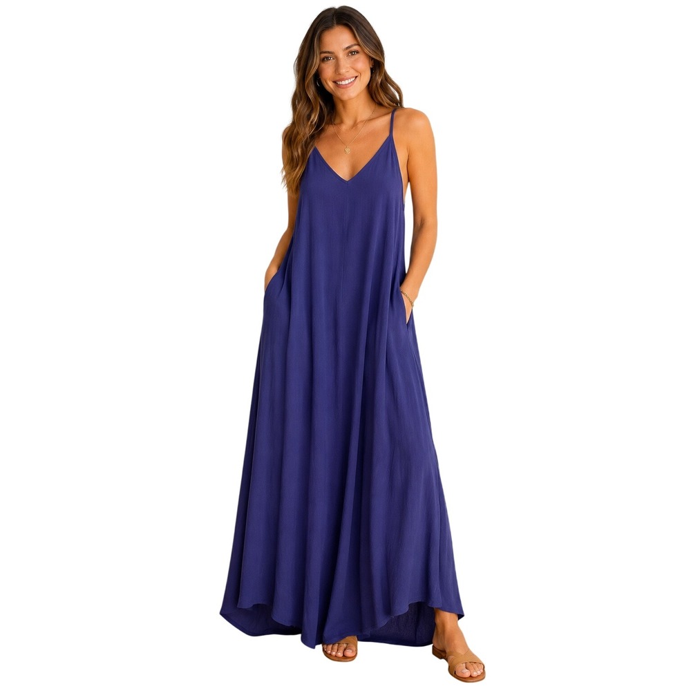 Zenana Boho Beach Maxi Women Summer Casual Dress Small Purple Rayon Pockets